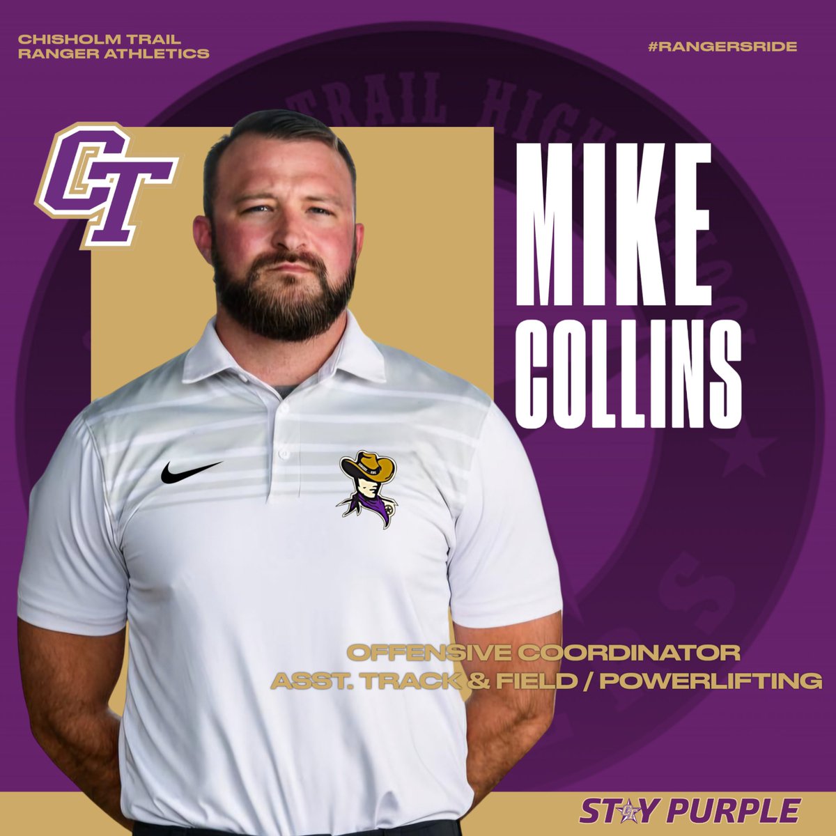 Welcome <a href="/CoachMCollins/">Michael Collins</a> to <a href="/CTHS_RangersFB/">Chisholm Trail HS Rangers Football</a> <a href="/ChisholmTrailHS/">CTHS</a> <a href="/emsisdathletics/">EMS ISD Athletics</a>
Always great having a former player that I've coached on staff. His #NightMareOffense will make sure that we take it to the #N2xtL5velRangers nation
🟣🟡🪖🐎🎖
#StayPurple
#RangersRide
#CTvsCT
