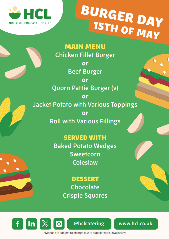 Green Ridge Primary (@greenridger2) on Twitter photo We are excited to share a special 'Burger Day' menu with you on behalf of <a href="/HCLcatering/">HCL - #EducationCatering</a> 🍔 This menu will replace the usual menu on Thursday 15th May and we encourage as many pupils as possible to have a freshly prepared meal as part of our commitment to promoting healthy eating! We are excited to share a special 'Burger Day' menu with you on behalf of <a href="/HCLcatering/">HCL - #EducationCatering</a> 🍔 This menu will replace the usual menu on Thursday 15th May and we encourage as many pupils as possible to have a freshly prepared meal as part of our commitment to promoting healthy eating!