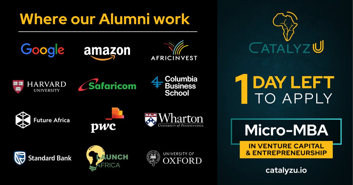 ⏰ Just 1 day left to apply for CatalyzU's Micro-MBA Class of 2025!

CatalyzU has now trained talent from 32 countries globally that represent some of Africa's best and brightest – if you want to join them, then visit the link below and apply before it's too late: