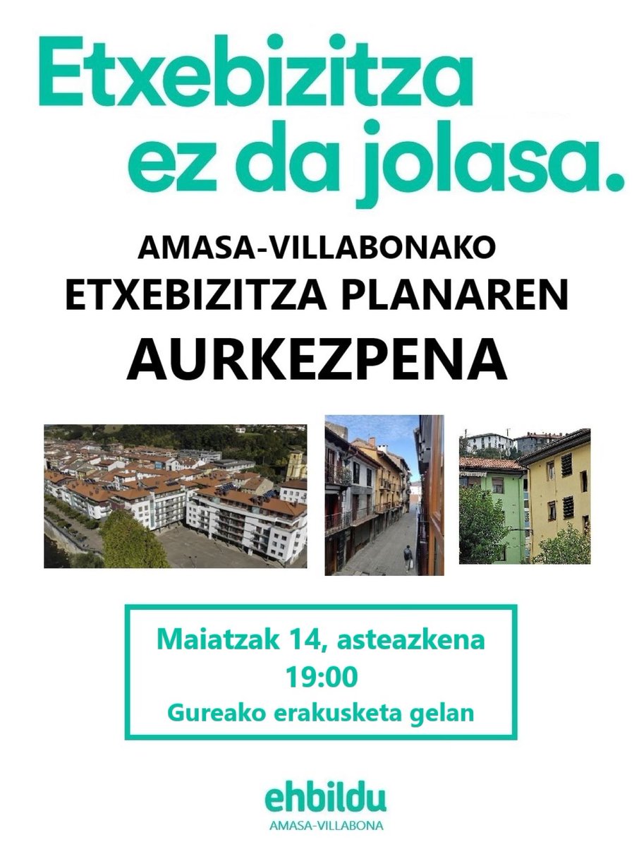 Udalera eramango dugun Amasa-Villabonako Etxebizitza Plana herritarrei aurkeztuko diegu:
🗓️Maiatzaren 14an 🕖19:00
🏡Gurea antzokiko erakusketa gelan.
Gure eskuetan dagoen guztia egingo dugu etxebizitza duina izatea benetako eskubidea izan dadin!
#EtxebizitzaPlana #AmasaVillabona