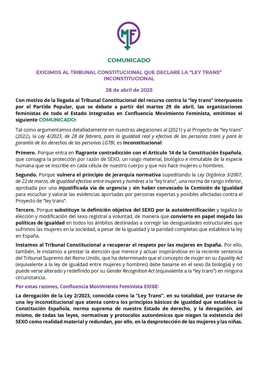 Movimiento Feminista (@confluenciamf) on Twitter photo Compartimos nuestro Comunicado exigiendo al Tribunal Constitucional <a href="/TConstitucionE/">Tribunal Constitucional de España</a> que declare inconstitucional la #LeyTrans y les recordamos las razones fundamentadas aportadas por el movimiento feminista desde que se gestó el anteproyecto de ley:
#RespetenALasMujeres Compartimos nuestro Comunicado exigiendo al Tribunal Constitucional <a href="/TConstitucionE/">Tribunal Constitucional de España</a> que declare inconstitucional la #LeyTrans y les recordamos las razones fundamentadas aportadas por el movimiento feminista desde que se gestó el anteproyecto de ley:
#RespetenALasMujeres