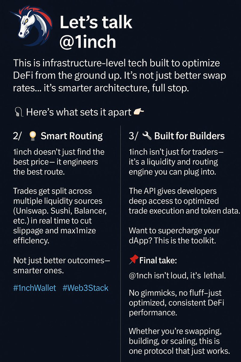 zeksventures's tweet image. 1/
Let’s talk @1inch — not the usual “DEX aggregator” pitch.
This is infrastructure-level tech built to optimize DeFi from the ground up. It’s not just better swap rates… it’s smarter architecture, full stop.
🧵 Here's what sets it apart 👇
#1inchWallet #Web3Stack