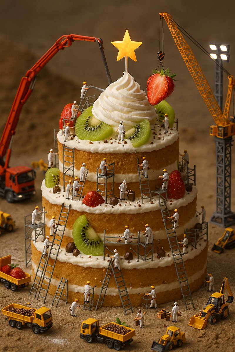 mathgine's tweet image. Sora로 만들어본 새로운 이미지
이미지 프롬프트 : 거대한 생일 케이크를 조립 중인 초소형 요리사 팀. 크림을 펌프처럼 쏘고, 딸기와 과일을 크레인으로 정교하게 올림. 계단식 구조를 오르내리는 미니 인부들, 사다리와 발판 등 건설 장비가 케이크 장식과 융합된 현실적인 미니어처 세계