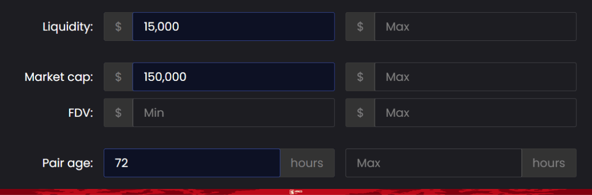 DeFi_Hanzo's tweet photo. Now it’s time to fine-tune the search.

We don’t just pick anything that’s moving.

We want tokens that meet specific criteria:

• Liquidity over $15,000
• Minimum MC of $150,000
• Pair created within the last 72 hours
• At least 50 transactions in the last hour

This narrows the list down to real contenders.