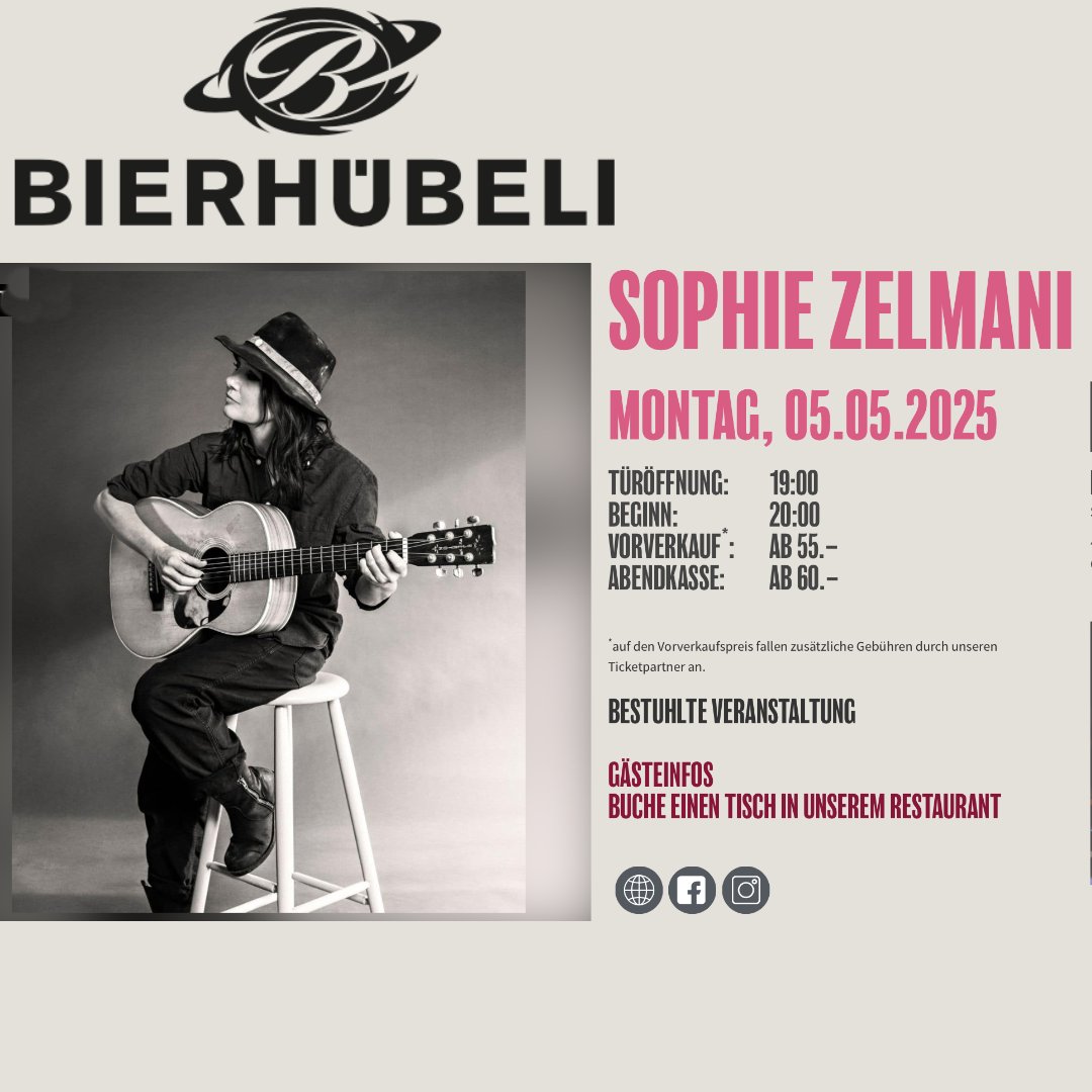 TICKET ALERT:  BERN 
Tickets for Sophie Zelmani’s show at Bierhübeli in Bern are selling fast! If you don’t want to miss out on a magical evening, now’s the time to secure your ticket.

BERN, Bierhuebeli
MO, 5. Mai 2025
Tickets &amp; Infos: bierhuebeli.ch

#Bierhübeli
