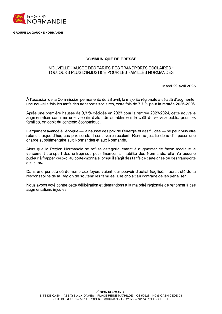 GaucheNormande's tweet image. La Région Normandie augmente une nouvelle fois les tarifs des transports scolaires : +8,3 % en 2023, +7,7 % pour 2025.
Deux hausses en trois ans, alors même que les prix de l’énergie baissent : nous réaffirmons notre opposition à cette décision. ⬇️