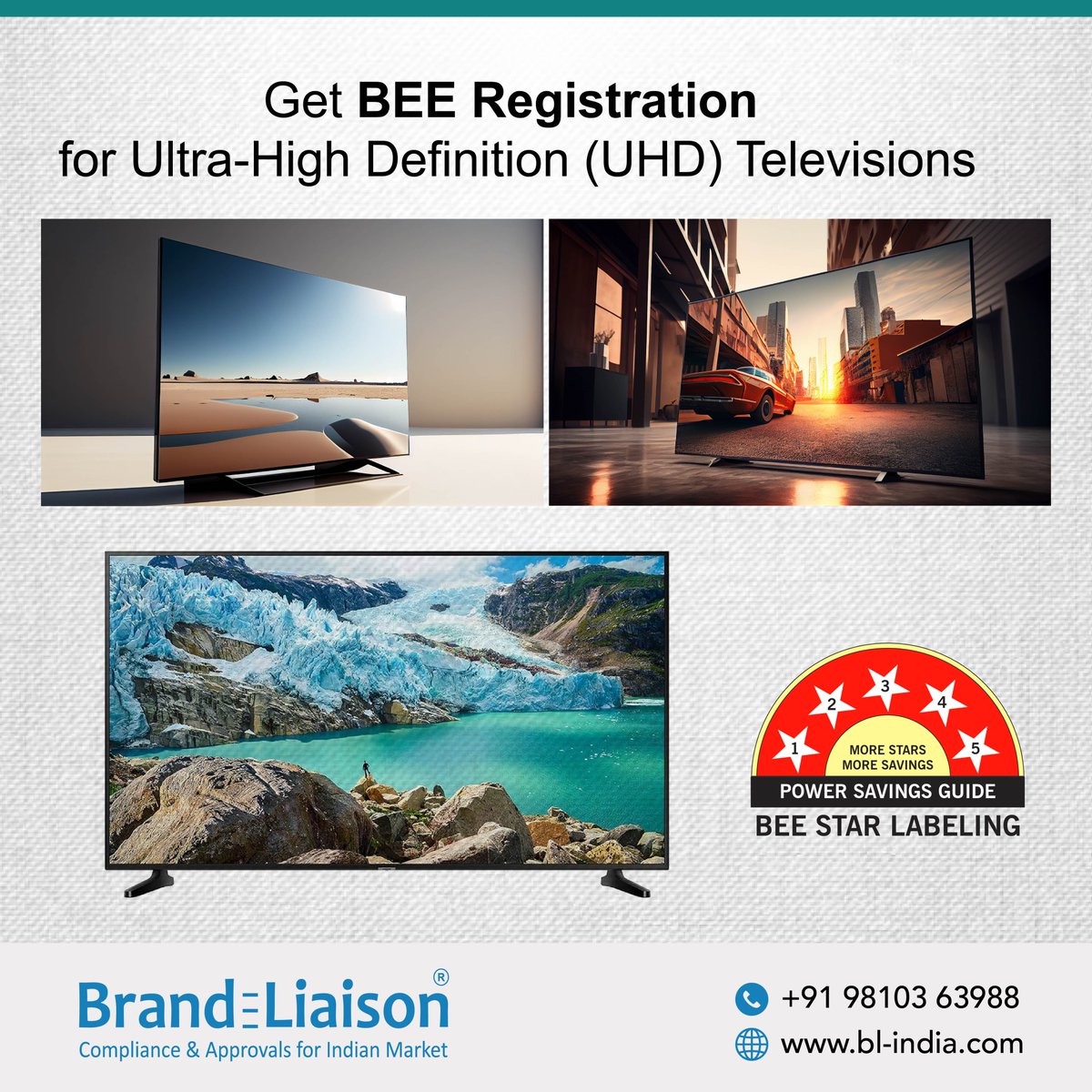 BrandLiaison's tweet image. BEE registration for Ultra-High Definition Television is your gateway to the Indian market.

● It is a legal compliance ✏️
● Ensures quality and safety ☘️
● Needed for energy efficiency 
  
  Contact Brand Liaison today
  Manage compliance seamlessly!  

#beeregistration