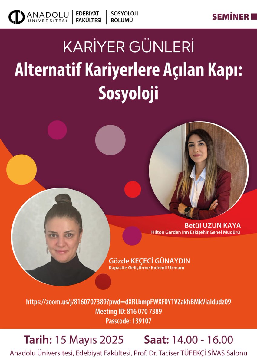 Bölümümüz mezunlarından Betül UZUN KAYA ve Gözde KEÇECİ GÜNAYDIN’ın konuşmacı olarak katılacağı "Alternatif Kariyerlere Açılan Kapı: Sosyoloji” başlıklı Kariyer Günleri etkinliğimize davetlisiniz!
🗓️15 Mayıs 2025 Perşembe
🕑14:00 
📷Prof. Dr. Taciser TÜFEKÇİ SİVAS Salonu, Zoom