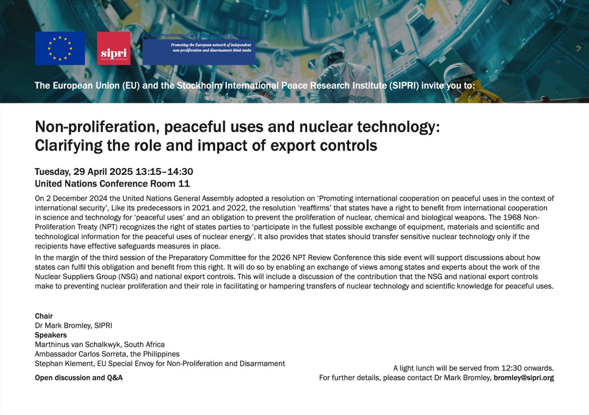 EU_UNGeneva's tweet image. How can states
-benefit from their right to international cooperation in science+tech for peaceful uses?
-fulfill their obligations to prevent the proliferation of nuclear, chemical &amp;amp; biological weapons?

More info at the 🇪🇺+@SIPRIorg event today, 13:30EDT at #NPTRevCon at @UN HQ
