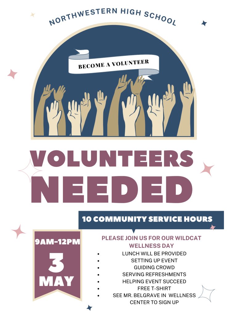 You are invited to participate in
Wildcat Wellness Day!
Come join us on Saturday, May 3, 2025, from 9:00 AM to 12:30 PM for a morning dedicated to health, wellness, and community spirit.
We look forward to seeing you there!
<a href="/p_nsbarker/">NSBarker</a> <a href="/pgcps/">PGCPS</a> <a href="/NHS_PGCPS/">Northwestern High School - PGCPS</a> <a href="/pam4pgcps/">Pamela Boozer-Strother</a> <a href="/DrCMarrow/">Dr. Carletta Marrow</a>