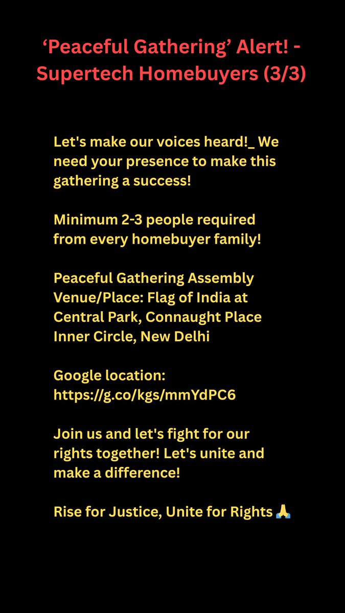 Voice of United Homebuyers (@fightsupertech) on Twitter photo Peaceful Gathering against Supertech on 3rd May / 4 PM at Flag Of India, Central Park, Connaught Place, New Delhi
#JusticeDelayedIsJusticeDenied #Supertech #apex #fraudbuilders #OnlyNBCC <a href="/Ecovillage2A2/">Ecovillage2 Welfare Association</a> <a href="/CapetownNivasi/">केपटाउन निवासी</a> <a href="/SThomebuyers/">UnitedAgainstSupertech</a> <a href="/GreaterNoidaW/">Greater Noida West</a> <a href="/nefowaoffice/">NEFOWA</a> <a href="/AyogRastogi/">Ayog Rastogi</a> Peaceful Gathering against Supertech on 3rd May / 4 PM at Flag Of India, Central Park, Connaught Place, New Delhi
#JusticeDelayedIsJusticeDenied #Supertech #apex #fraudbuilders #OnlyNBCC <a href="/Ecovillage2A2/">Ecovillage2 Welfare Association</a> <a href="/CapetownNivasi/">केपटाउन निवासी</a> <a href="/SThomebuyers/">UnitedAgainstSupertech</a> <a href="/GreaterNoidaW/">Greater Noida West</a> <a href="/nefowaoffice/">NEFOWA</a> <a href="/AyogRastogi/">Ayog Rastogi</a>