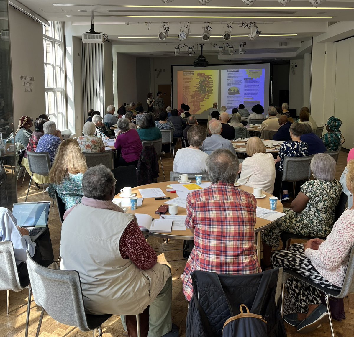 MCC_AFMTeam's tweet photo. Great turnout at Age Friendly Older People’s Assembly talking about Climate Change, #CoolSpaces #ExtremeHeat, repair cafes, community food clubs, green space, resilience. #recycling. We’re keen to share, learn and ensure an #AgeFriendlyMCR #IntergenerationWeek25 https://t.co/0gqVxw8RAf