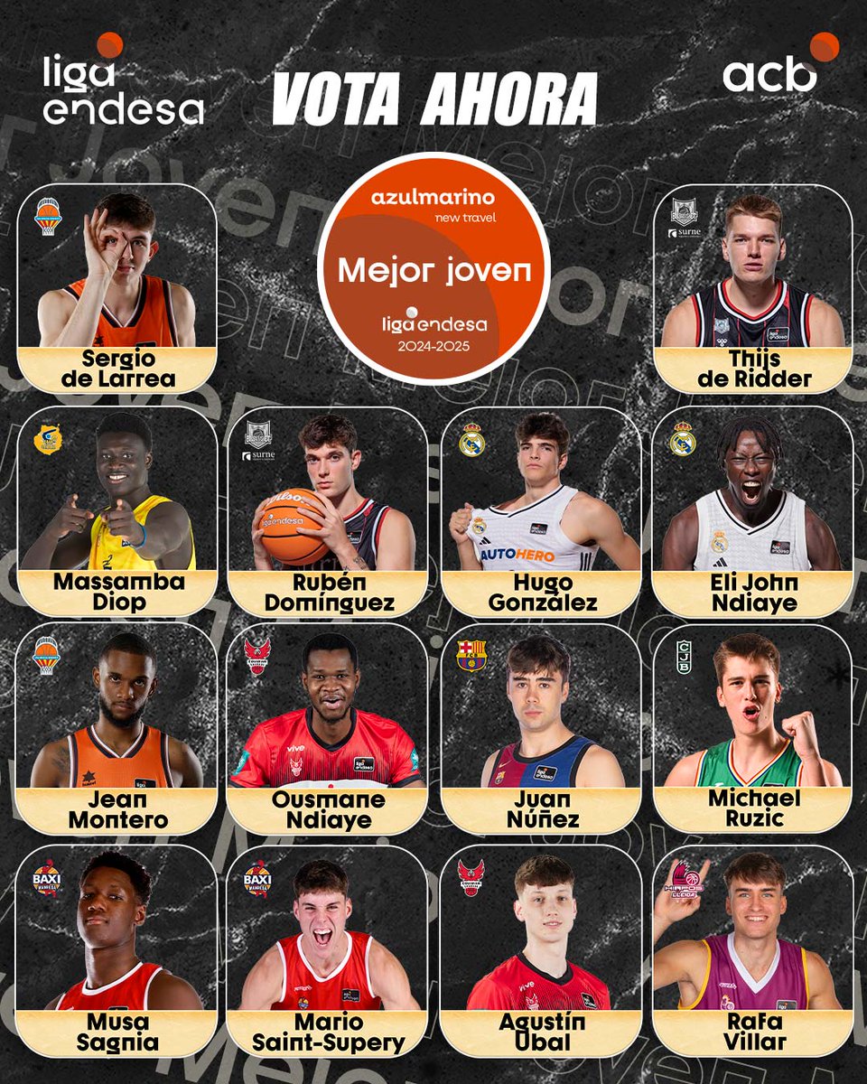ACBCOM's tweet photo. 🗳 Arranca la 𝙑𝙊𝙏𝘼𝘾𝙄𝙊́𝙉 𝙋𝙊𝙋𝙐𝙇𝘼𝙍 del Mejor Joven y Mejor Quinteto Joven 2024-25

¡Estos son los CANDIDATOS que optan al premio!

Registra tu voto a través de la App oficial de acb
📲 https://t.co/rerqaUFiOq 
(Tienes hasta el miércoles 7 de mayo hasta las 23:59h).

#LigaEndesa | @azulmarinoviaje