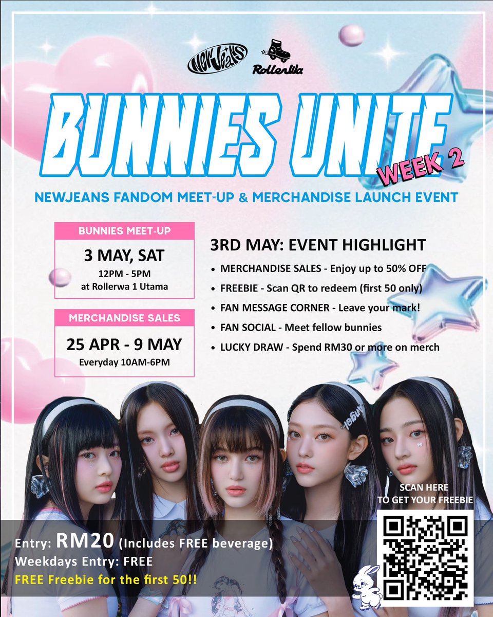 rollerwa_my's tweet photo. Week 2 of BUNNIES UNITE is happening this Saturday at Rollerwa 1 Utama! 🐰

Haven’t grabbed your freebie yet? Scan the QR code now. Only the first 50 to register will receive one, so don’t miss out!

#newjeans #rollerwa #newjeansmerch https://t.co/i91PdB6mtc