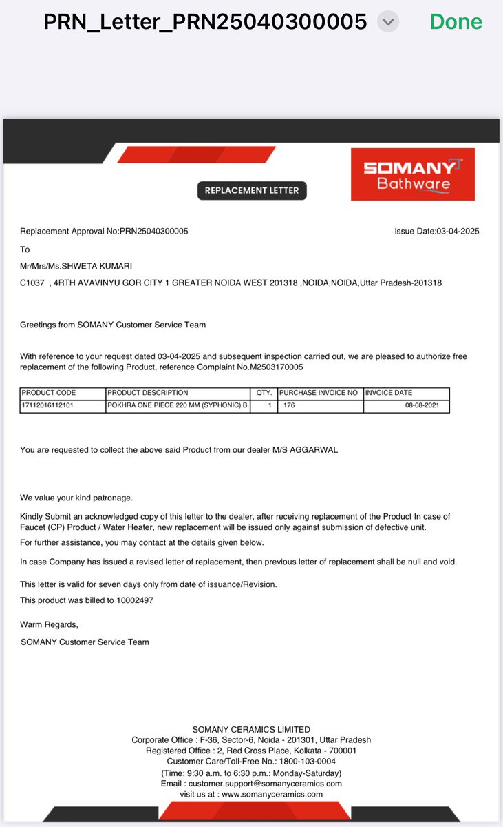 update2mayank's tweet photo. @SomanyCeramic for a faulty western toilet sheet replacement letter was issued on April 3. Till date no dealer was assigned for replacement as old dealer left somany dealership. Continuous follow up with local team is not yielding any result. Response awaited https://t.co/9eQlAQxhZR