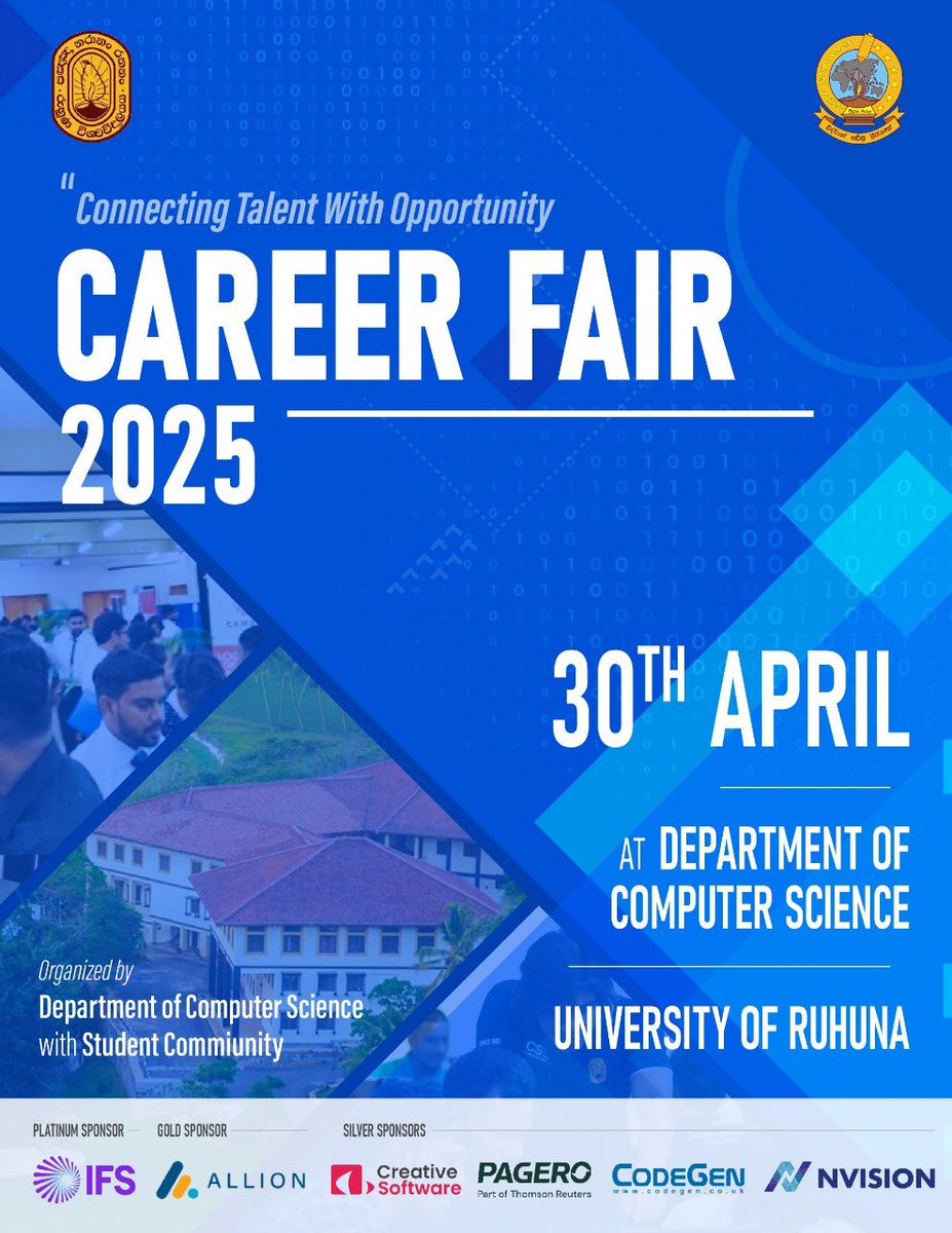 SriLankaTweet's tweet photo. The 2025 Career Fair at the Computer Science Department, University of Ruhuna is on April 30.
Meet top IT companies and explore job opportunities.
#CareerFair #Nvision #LKA https://t.co/LgaYve6u2O