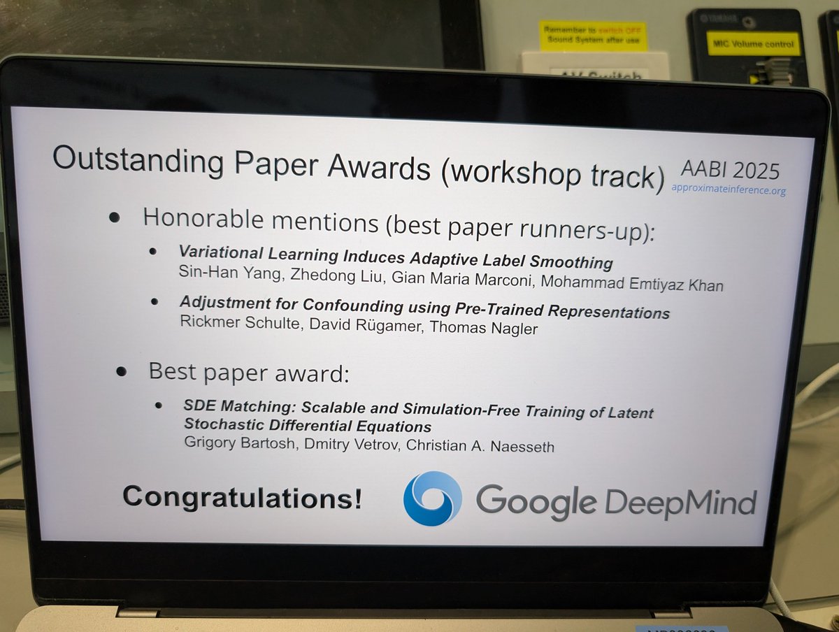 Wohooo <a href="/GrigoryBartosh/">Grigory Bartosh</a>, Dmitry and my work wins best workshop paper at #AABI 🥳