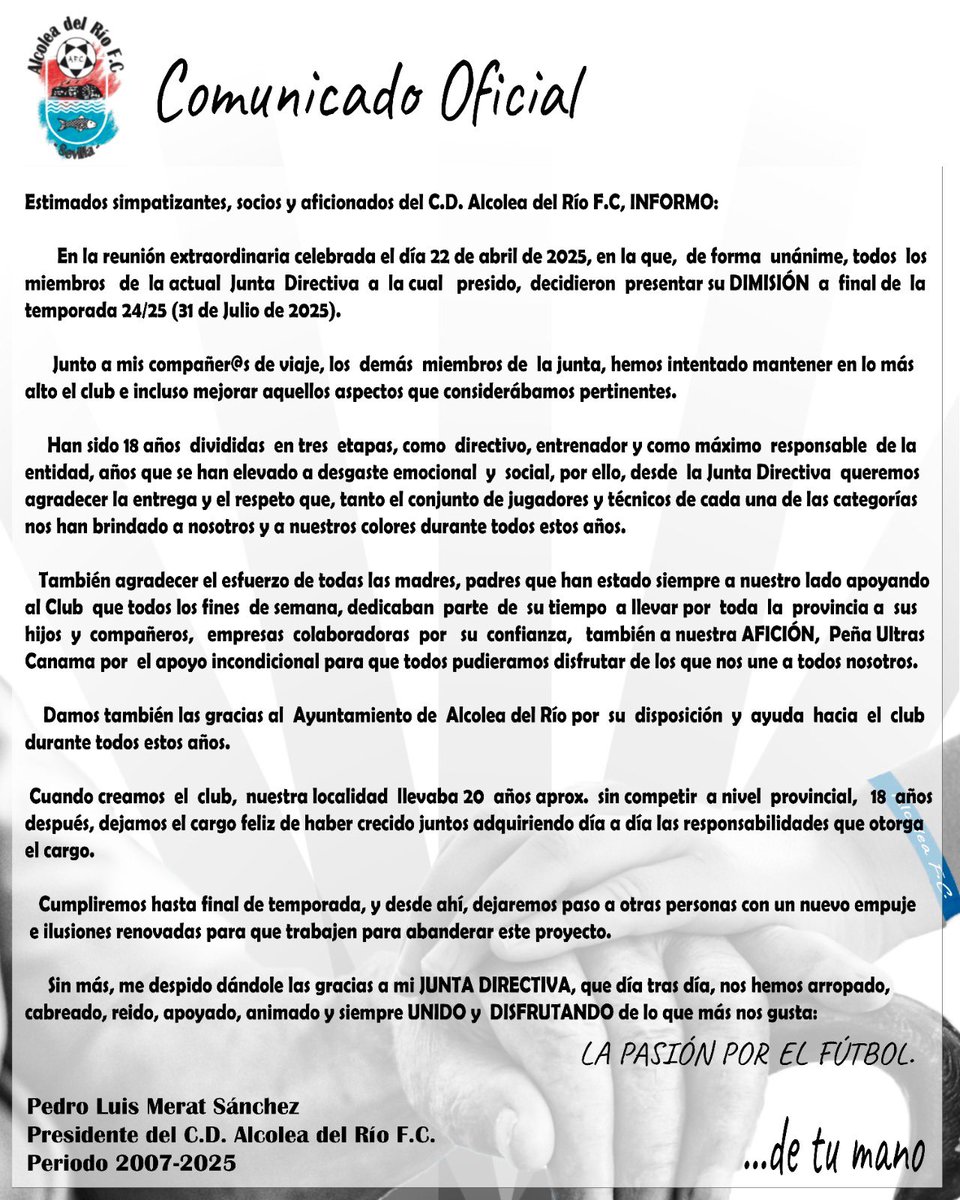 ℹ️ Pedro Luis Merat Sanchez y su Junta Directiva no continuarán después de 18 años al cargo de la entidad. 

👉 Finalizará su mandato el próximo 30 de Julio, dejando finalizada esta temporada 2024/2025.