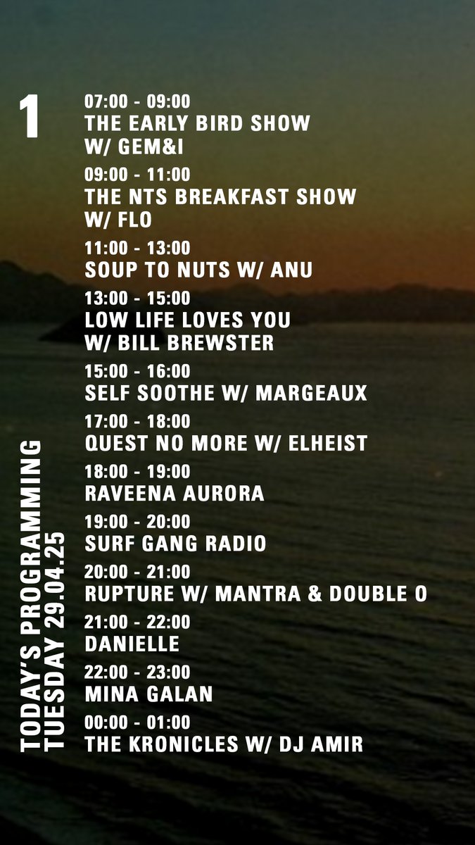 today on nts.live/1
<a href="/noanunoparty/">anu</a> <a href="/djhistory/">@djhistory.bsky.social</a> <a href="/elheist/">Elheist</a> <a href="/raveena_aurora/">Raveena</a> <a href="/1surfgang/">Surf Gang</a> @ruptureldn