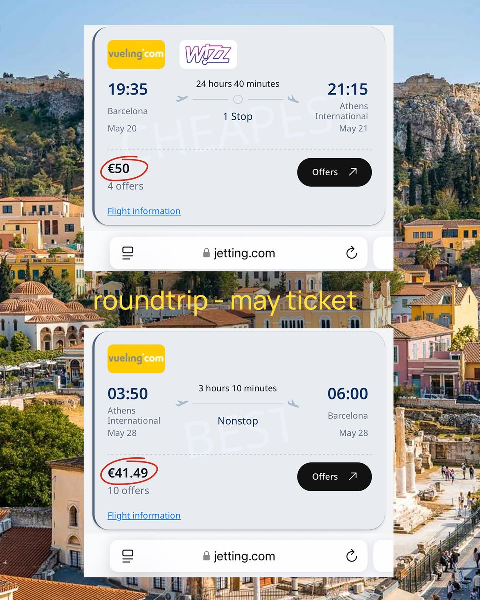 Jetting_com's tweet photo. Barcelona → Athens
Ready for an adventure? Round-trip flight from Barcelona to Paris + hotel for just €113! ✈️ Book now with https://t.co/a3pvGwEYD4
#barcelona #spain #athens #greece #cheapflights #cheapdestinations #jetting_com https://t.co/ddn6MHeprW