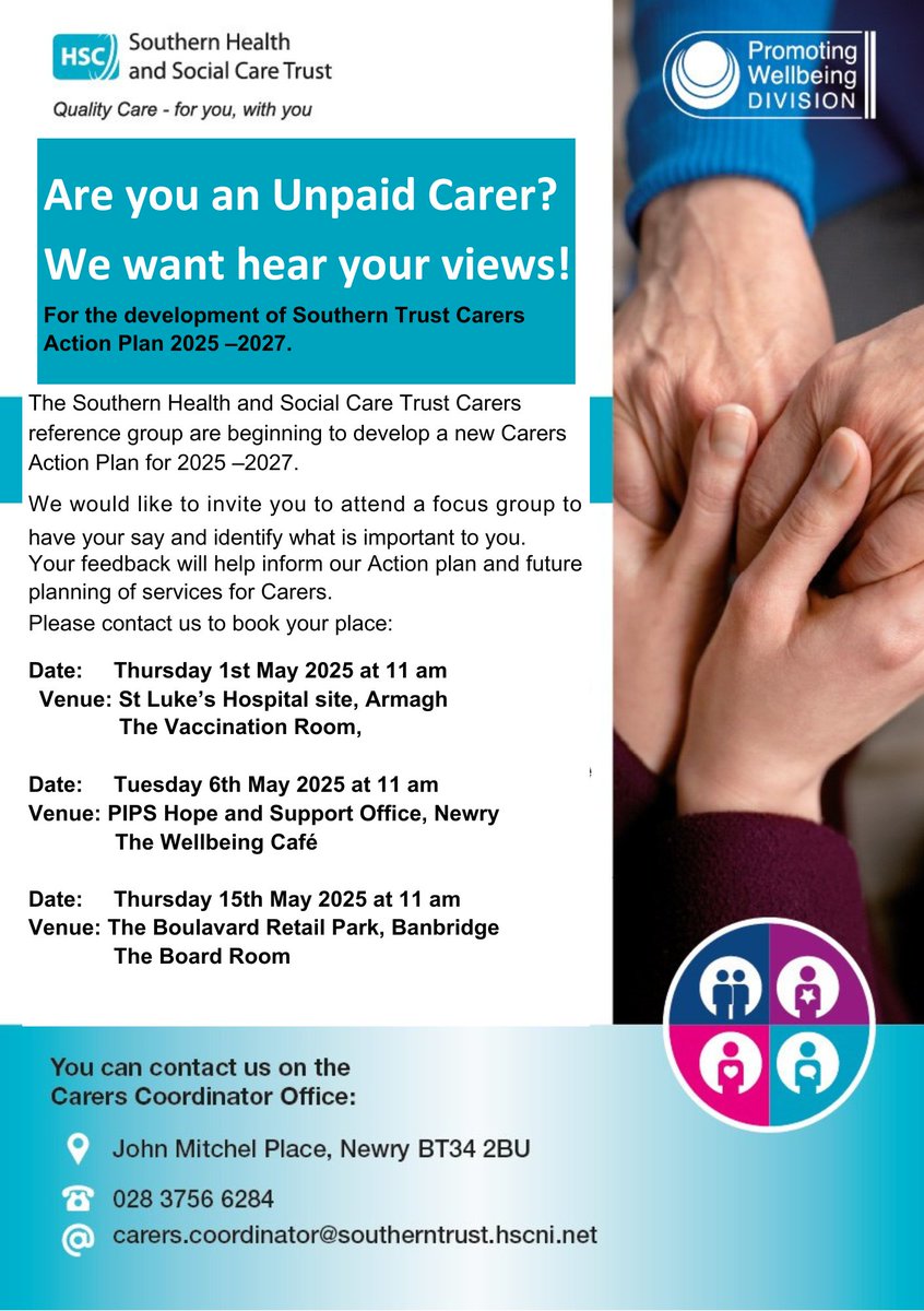 Southern Trust (@southernhsct) on Twitter photo Our Carers reference group is inviting unpaid carers to attend a focus group to have their say and to develop a new Carers Action Plan for 2025 –2027.
Please contact our Carers Coordinator Office to book your place
📞 028 9756 6284
📧 carers.coordinator@southerntrust.hscni.net Our Carers reference group is inviting unpaid carers to attend a focus group to have their say and to develop a new Carers Action Plan for 2025 –2027.
Please contact our Carers Coordinator Office to book your place
📞 028 9756 6284
📧 carers.coordinator@southerntrust.hscni.net