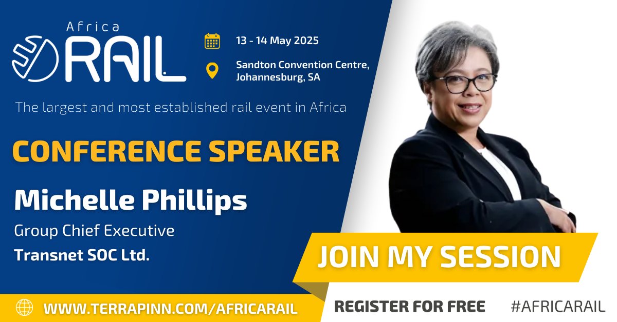 AfricaRail's tweet photo. We are thrilled to announce Michelle Phillips, Group Chief Executive of Transnet SOC Ltd will be joining us at #AfricaRail!  Join her on the 14th May at 11:50 in our Keynotes Theatre.

Register for your free ticket today: https://t.co/fgIDFmgfvo

📍 Sandton Convention Centre https://t.co/Yc5NH7pAb4