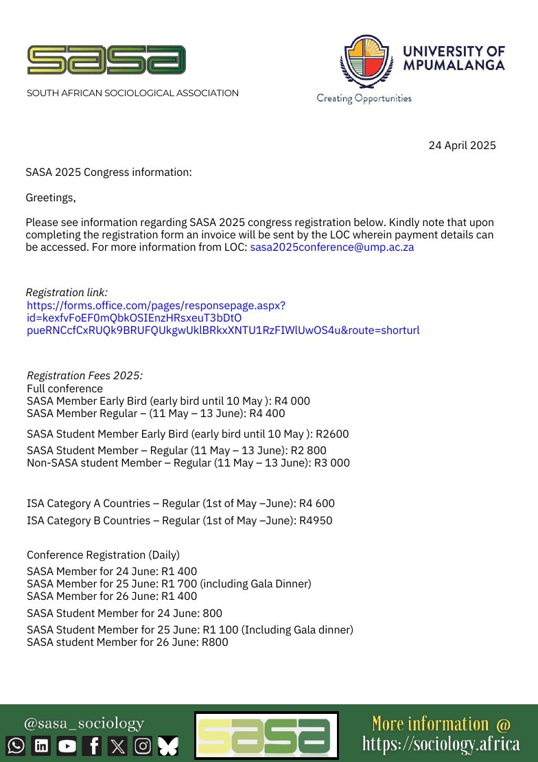 sasa_sociology (@sasa_sociology) on Twitter photo Call Extended:
South African Sociological Conference
<a href="/UniMpumalanga/">University of Mpumalanga</a> June 23-26
Early Bird Registrations Close May 10th
Abstract Submissions Close May 15th
For more information see: sociology.africa/index.php/annu…
#Sociology #SouthAfrica Call Extended:
South African Sociological Conference
<a href="/UniMpumalanga/">University of Mpumalanga</a> June 23-26
Early Bird Registrations Close May 10th
Abstract Submissions Close May 15th
For more information see: sociology.africa/index.php/annu…
#Sociology #SouthAfrica