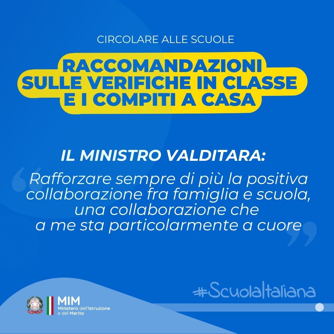 MIsocialTW's tweet photo. Il Ministro @G_Valditara ha inviato alle #scuole una circolare relativa alla programmazione delle verifiche in classe e all’assegnazione dei #compiti da svolgere a casa.

Qui tutti i dettagli ▶️ https://t.co/dIG8q17qQf 

Qui le raccomandazioni 👇 https://t.co/3vjH8TBUT9