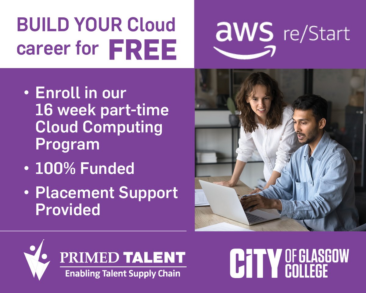 City of Glasgow College (@cofgcollege) on Twitter photo Exciting news - we have teamed up with Amazon Web Services (AWS) and <a href="/PrimedTalentUK/">Primed Talent</a> to deliver the AWS re/Start programme in cloud computing. This initiative is perfect for anyone looking to upskill or break into the tech industry.
Learn more: socsi.in/Jp40H Exciting news - we have teamed up with Amazon Web Services (AWS) and <a href="/PrimedTalentUK/">Primed Talent</a> to deliver the AWS re/Start programme in cloud computing. This initiative is perfect for anyone looking to upskill or break into the tech industry.
Learn more: socsi.in/Jp40H
