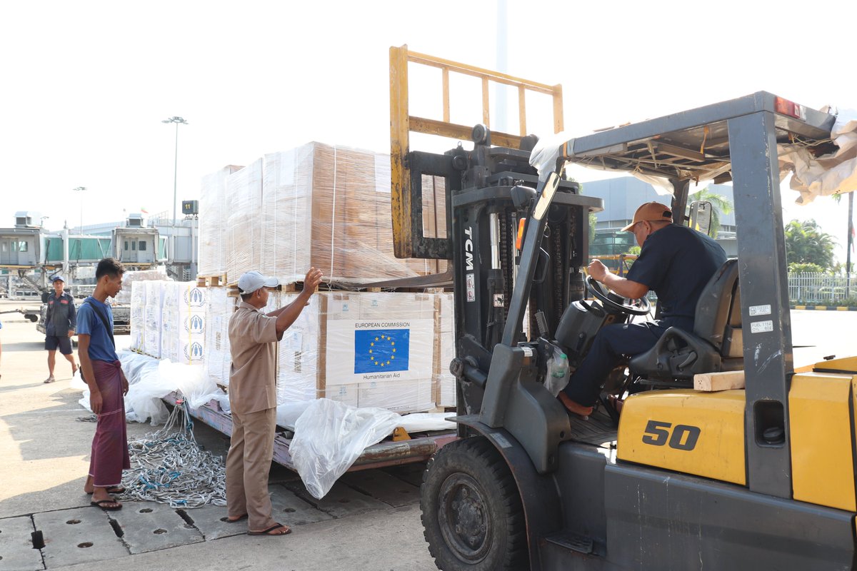 EU Civil Protection & Humanitarian Aid 🇪🇺 (@eu_echo) on Twitter photo A month after the devastating Myanmar earthquake, the EU continues to support the communities affected.
This week, another two humanitarian air bridge flights ✈️ landed in Yangon with 147 tonnes of vital supplies from <a href="/Refugees/">UNHCR, the UN Refugee Agency</a> and <a href="/UNmigration/">IOM - UN Migration 🇺🇳</a>. A month after the devastating Myanmar earthquake, the EU continues to support the communities affected.
This week, another two humanitarian air bridge flights ✈️ landed in Yangon with 147 tonnes of vital supplies from <a href="/Refugees/">UNHCR, the UN Refugee Agency</a> and <a href="/UNmigration/">IOM - UN Migration 🇺🇳</a>.