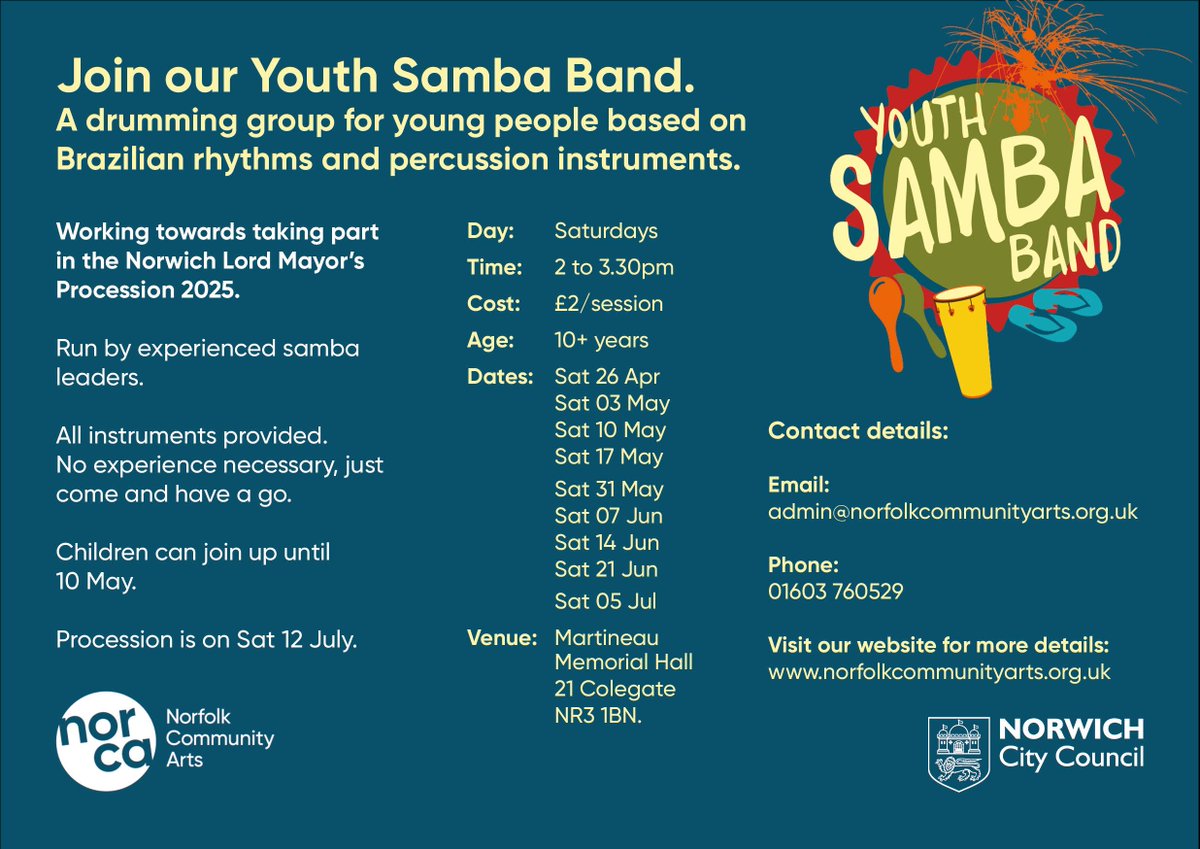 Norfolk & Suffolk Music Hub (@nmhub) on Twitter photo 🥁 <a href="/NorfCommArts/">Norfolk Community Arts (NORCA)</a> are returning to more regular sessions of their Youth Samba Band in the run-up to the Norwich Lord Mayor’s Procession are welcoming new young people until 10 May!
No experience necessary and all instruments provided >> buff.ly/GOOlISS 🥁 <a href="/NorfCommArts/">Norfolk Community Arts (NORCA)</a> are returning to more regular sessions of their Youth Samba Band in the run-up to the Norwich Lord Mayor’s Procession are welcoming new young people until 10 May!
No experience necessary and all instruments provided >> buff.ly/GOOlISS