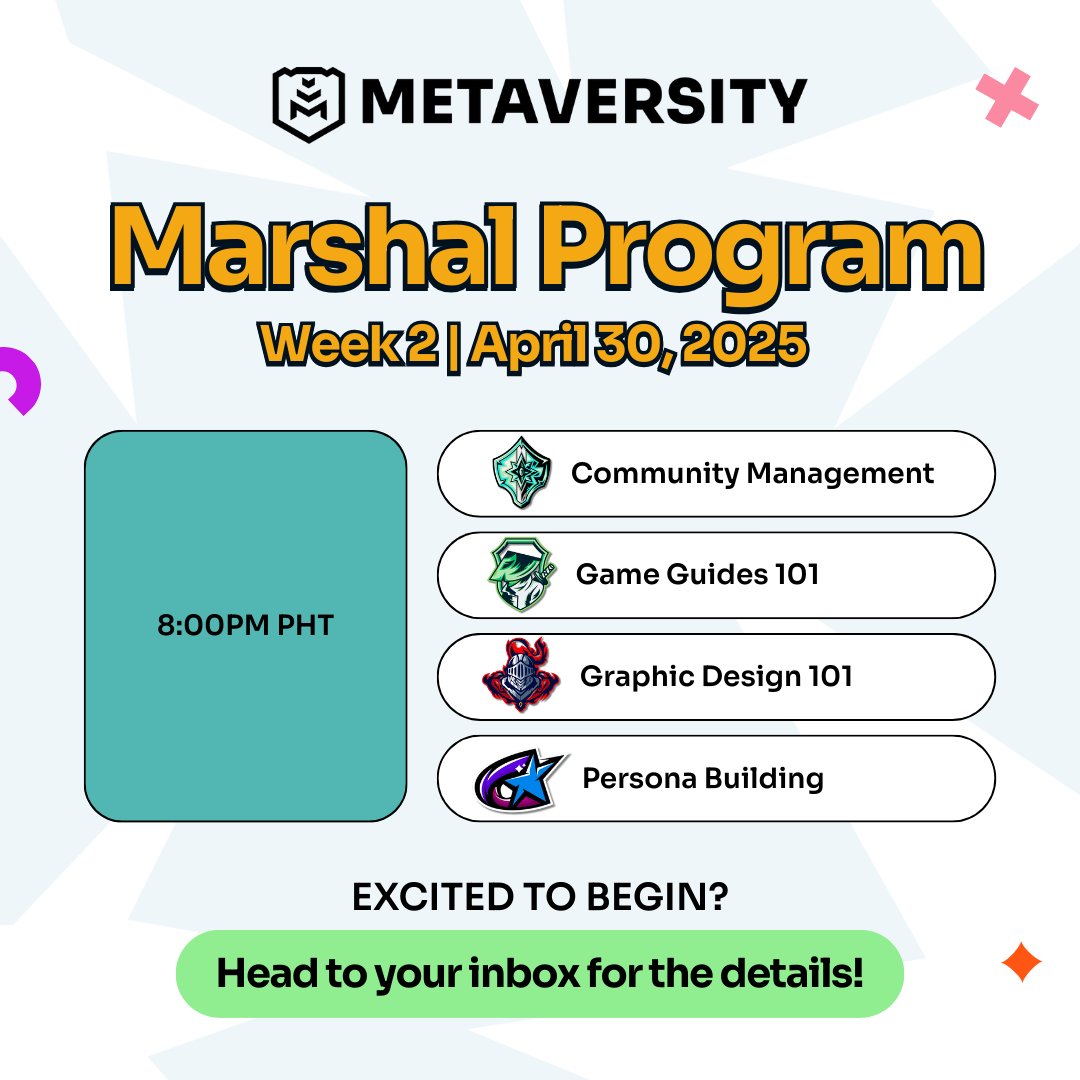 Marshals, it’s Week 2! 🎮

This week, we’ll cover Persona Building, Game Guides, Graphic Design, and Community Management which are skills you need to thrive in the digital space.

Check your inbox for the link to your track’s voice channel so you can prepare ahead of class! 💻🚀