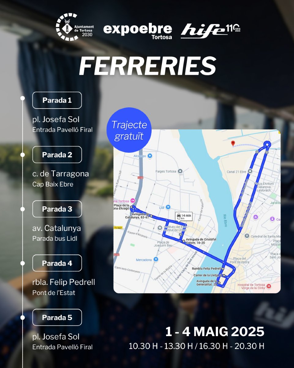Vine a Expoebre 2025 amb @autocareshife! 🚌🙌 

☝️ Consulta les parades dels dos recorreguts en aquesta publicació.

🗓️De l'1 al 4 de maig
🕑10.30 h - 13.30 h / 16.30 h - 20.30 h

#FiraTortosa #Expoebre2025 #Tortosa #Terresdelebre #Hife #AutocaresHife