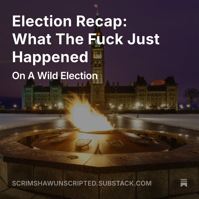 EScrimshaw's tweet image. “When Trudeau resigned we were in third place in seats and frankly if he hadn’t resigned we’d have been in fourth by inauguration. Now, the Liberals will govern comfortably for a while - a couple years at least - because it’s not in anybody’s interests to blow up this Parliament”