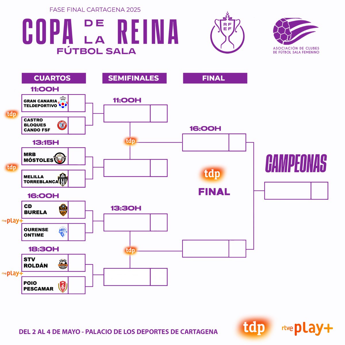ACFSFfutsal's tweet photo. ¡Este fin de semana se juega la Fase Final de la Copa de la Reina de Fútbol Sala 2025 en Cartagena!
Viernes día 2 los cuartos de final
Partidos en directo por @teledeporte y @rtveplay
¡No te pierdas la emoción del mejor futsal femenino!
#CopaDeLaReinaFS #ACFSF #RFEF #IBERDROLA https://t.co/9rjpxHUuSW