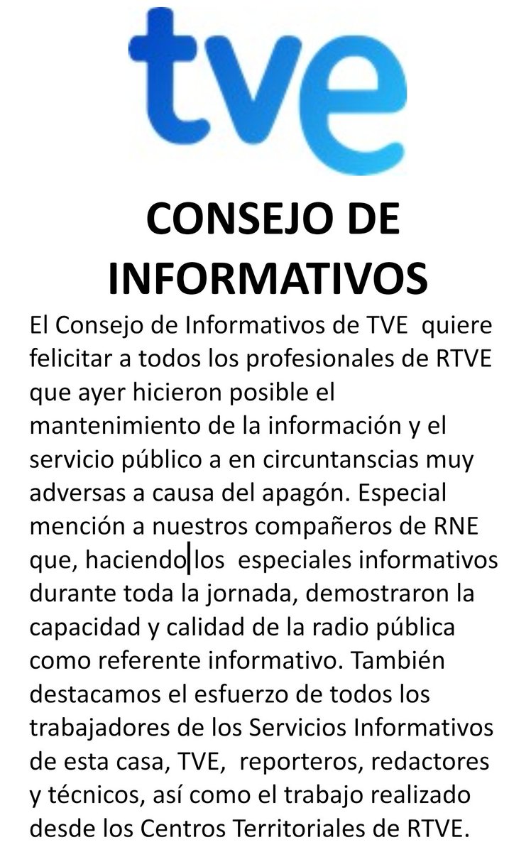 CdItve's tweet image. El Consejo de Informativos de TVE quiere felicitar a todos los profesionales de RTVE que ayer hicieron posible el mantenimiento de la información y el servicio público a los ciudadanos en circuntanscias muy adversas Especial mención y felicitación a nuestros compañeros de @rne