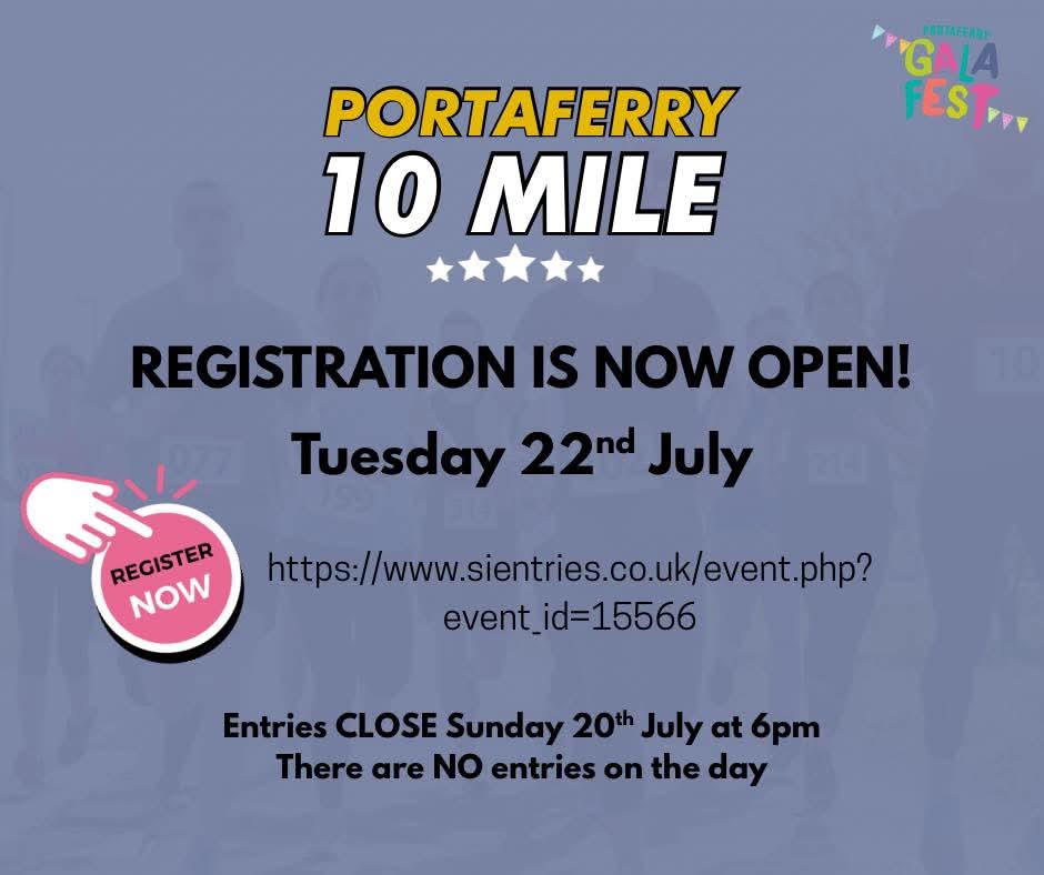 Portaferry 10 Mile &amp; 2x5 Mile Relay is BACK for 2025.  Join us on Tuesday, 22nd July for one of the highlight events of #Galafest2025. 

🗓️ Entries now OPEN on Si Entries
⏰ Closes Sunday 20th July at 6pm.  NO entries on the day! #PortaferryGala 

sientries.co.uk/event.php?even…