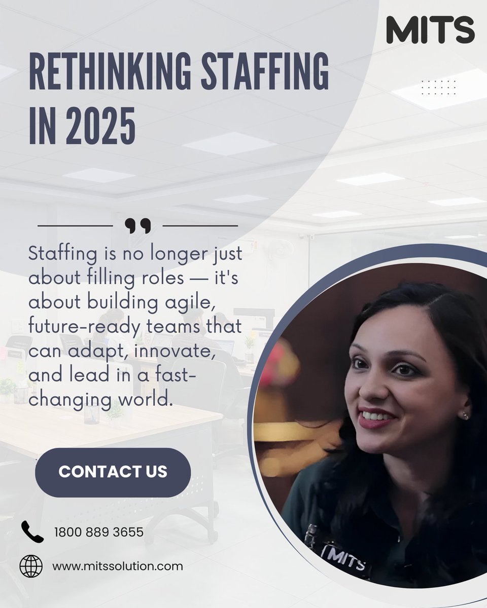 SolutionMits's tweet image. In 2025, staffing isn’t about seats to fill — it’s about building future-fit teams that lead with agility, innovation, and intent. The future belongs to those who evolve.
#MITSSolution #FutureOfWork #StaffingTrends2025 #AgileTeams #InnovationAtWork #WorkforceStrategy