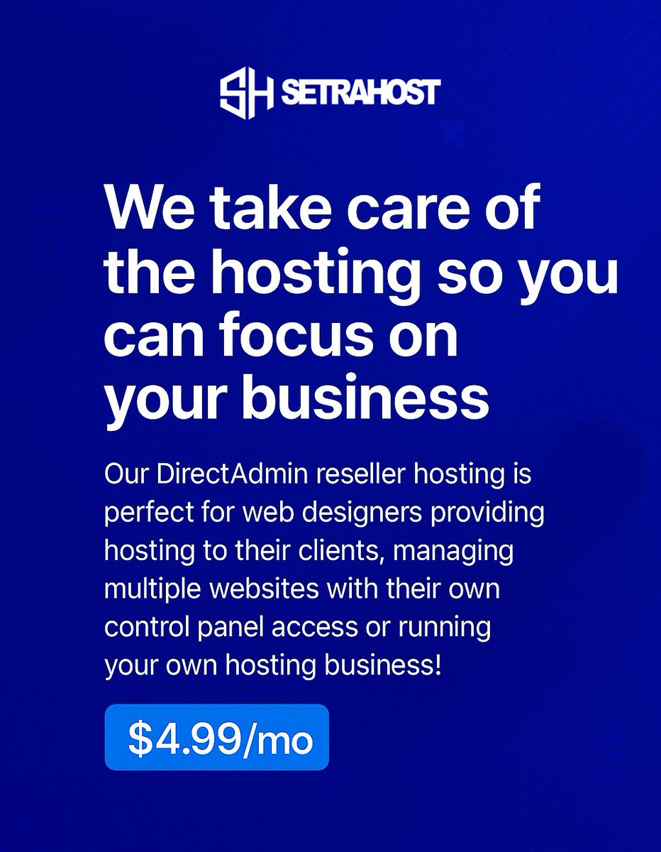 SetraHost's tweet image. Start your own hosting business or manage client sites with ease. We handle the hosting so you focus on growing. Our reseller plans are now on sale, starting at only $4.99/mo.  

setrahost.com/directadmin-re…