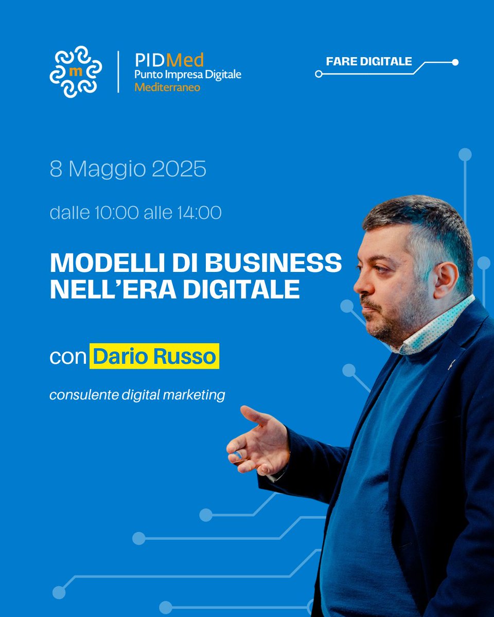 CCIAA_Salerno's tweet photo. ๐๐๏ธ๐ผ Torna Fare Digitale l'8/5 (10-14) a Salerno! Corso GRATUITO su modelli di business digitali ๐ฑ, impatto tecnologie โ๏ธ e best practice ๐ con Dario Russo (IUAD Napoli). Iscrizioni: https://t.co/FD31to1qWj #FareDigitale #PIDMed #Digitalizzazione ๐ https://t.co/CLYtziPTA7