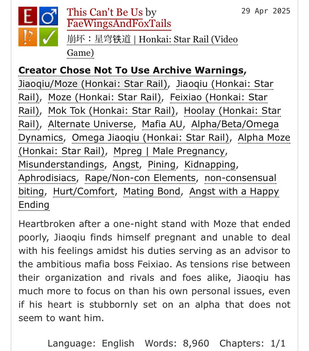 “This Can’t Be Us”

My piece for the <a href="/mozeqiubang/">Mozeqiu Bang | Posting Complete!</a> in collaboration with <a href="/art_iram21/">Art_Iram21 | COMMS N' EVENTS |</a>

Just some good old-fashioned omegaverse with a dash of angsty pining and a mafia AU flair!

🔗 archiveofourown.org/works/64852762

#mozeqiu #mozeqiubang