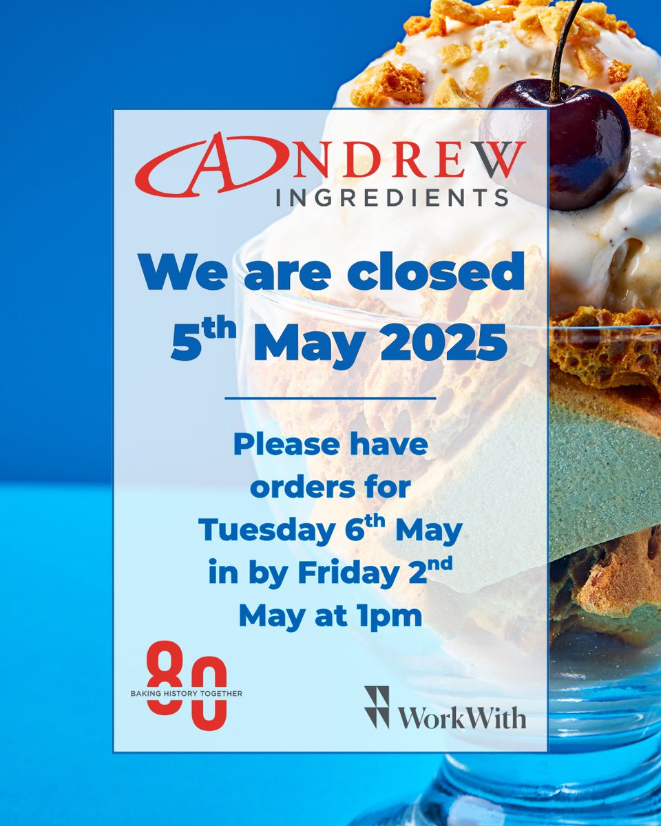 AndrewIngred's tweet image. Please note: We will be closed on Monday for the Early May Bank Holiday ☀️

Please make sure all Tuesday 6th May orders are sent in by 1pm on Friday 2nd May ⏰

#AndrewIngredients #WorkWith #WorkWithAndrewIngredients #AndrewIngredients80
#BakingHistoryTogether