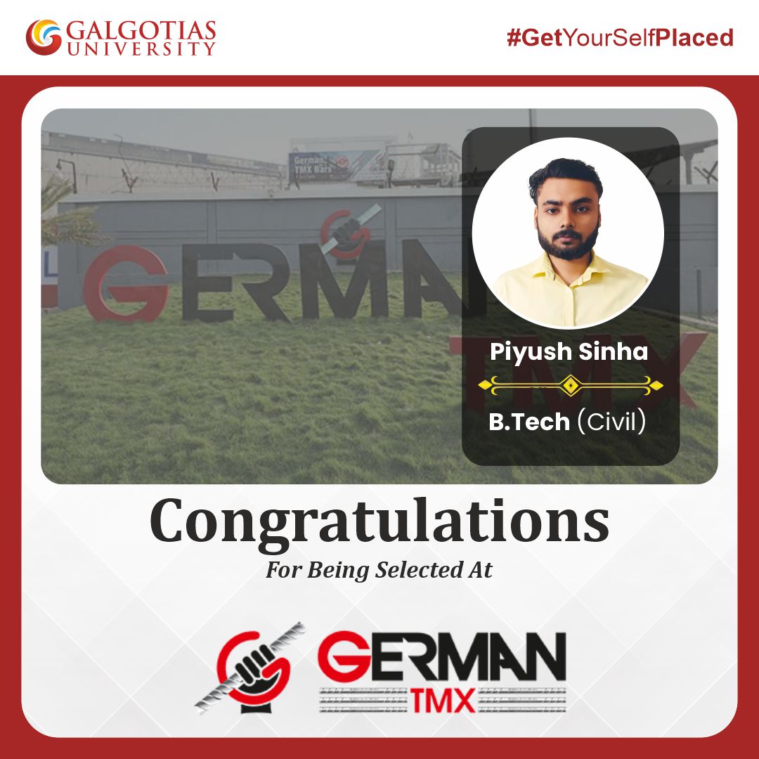 GalgotiasGU's tweet photo. Congratulations to Piyush Sinha (https://t.co/drVtHdOFQu Civil) for getting placed at German TMX Pvt. Ltd. — a proud moment for Galgotias University!
#GetYourselfPlaced #BTechCivil #Placements2025 #GalgotiasUniversity #CampusPlacements https://t.co/qRF3dAOt3e