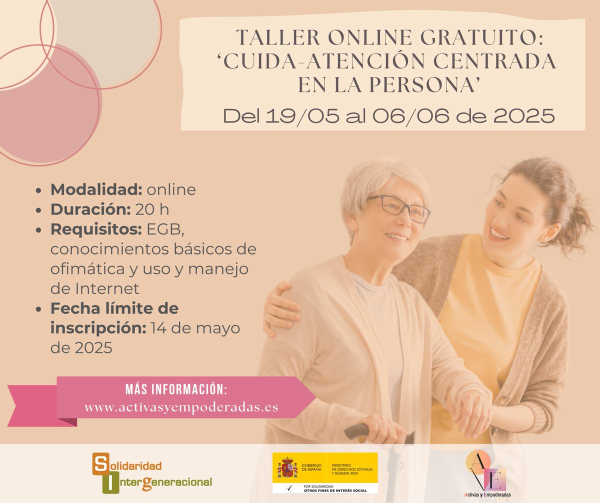 Llega el Taller online gratuito 'Cuida-Atención Centrada en la Persona' ❣️

💡 Enfocado a aprender a gestionar las situaciones de desgaste generadas por las funciones propias ligadas al trabajo de cuidados a personas dependientes. A su vez, esta formación proporciona estrategias