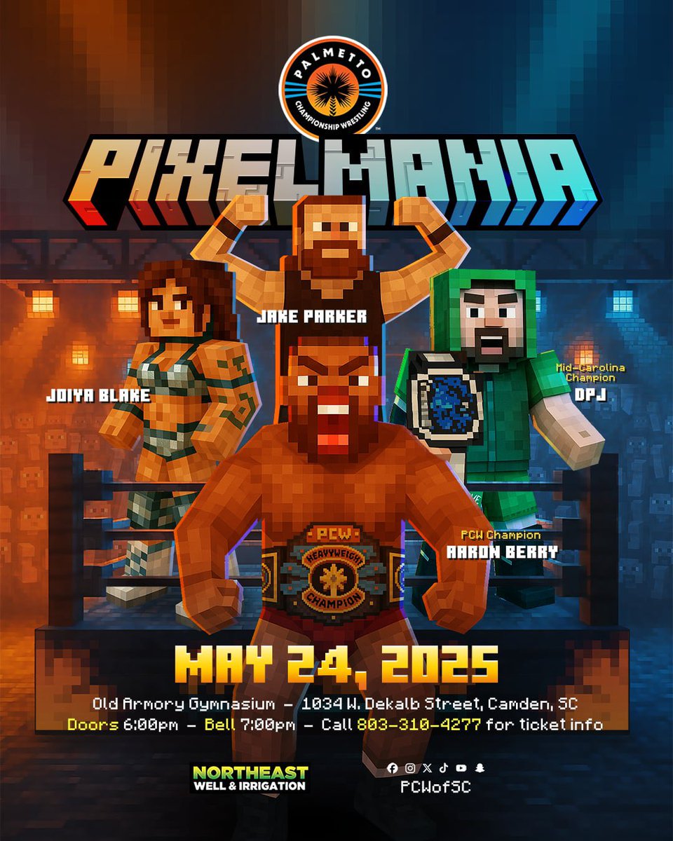 PCWofSC's tweet image. #PCW returns with a bang on May 24th when we present Pixelmania! Don’t miss the #1 #live #entertainment option in #SouthCarolina as tickets are selling FAST! #prowrestling #wwe #aew #minecraft #parody #wrestling #pro 

GET 🎟️ HERE: pcw.ticketspice.com/pixelmania