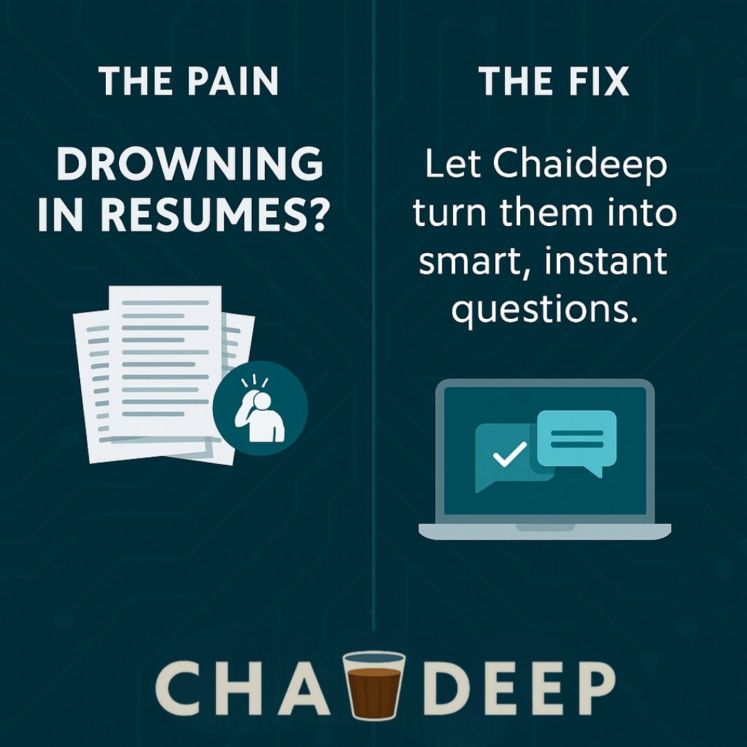 chaideepai's tweet photo. Drowning in resumes?
Let Chaideep turn them into instant, smart questions.
Less reading. More hiring.
#Chaideep #ResumeOverload #AIHiring #HRTech #SmartRecruiting https://t.co/NZZvI7ko4O