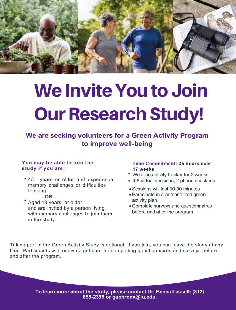 802OT's tweet photo. People Living with Memory Challenges and Study PartnersNeeded 
If you are interested in participating or to learn more, please contact Dr. Lassell at (812) 855-2395 or email at blassell@iu.edu. Your participation is completely voluntary, and you can change your mind at any time. https://t.co/UgSVP58kZf