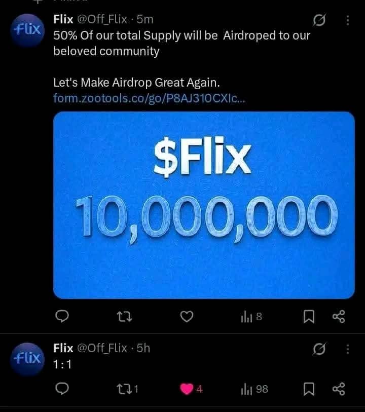 0xhassern's tweet photo. *[FCFS]  $FLIX AIRDROP 🚀*
*Flix coming at ratio 1:1*
*With just 20million supply*
*And 50% for community 10M* 
@GiveRep
 *Submit email, Sol address &amp; X username DONE ✅*  @ikadotxyz

https://t.co/0KF32K0dpW https://t.co/3BazmXMJwD