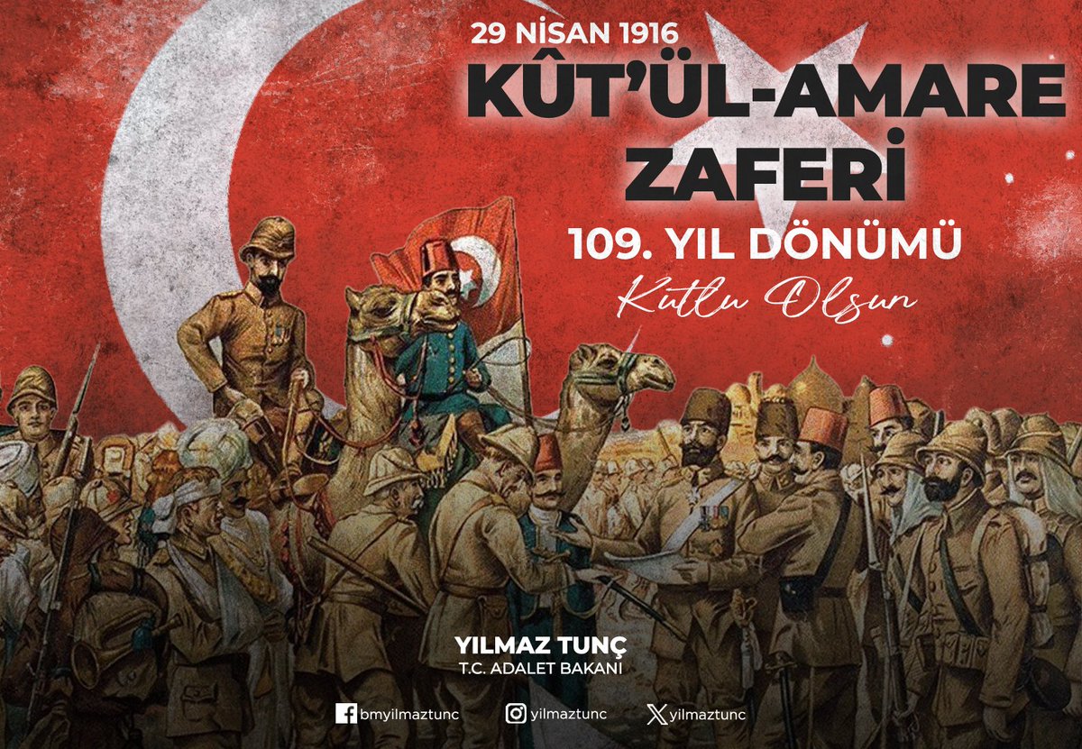 Kut'ül Amare, aziz milletimizin zor şartlara rağmen yazdığı kahramanlık destanıdır.

Kut'ül Amare Zaferi’nin 109. yıl dönümünde vatan ve bağımsızlık sevdasıyla can veren kahraman şehitlerimizi ve gazilerimizi rahmet ve minnetle yâd ediyorum.

Ruhları şâd olsun.

#KutülAmare