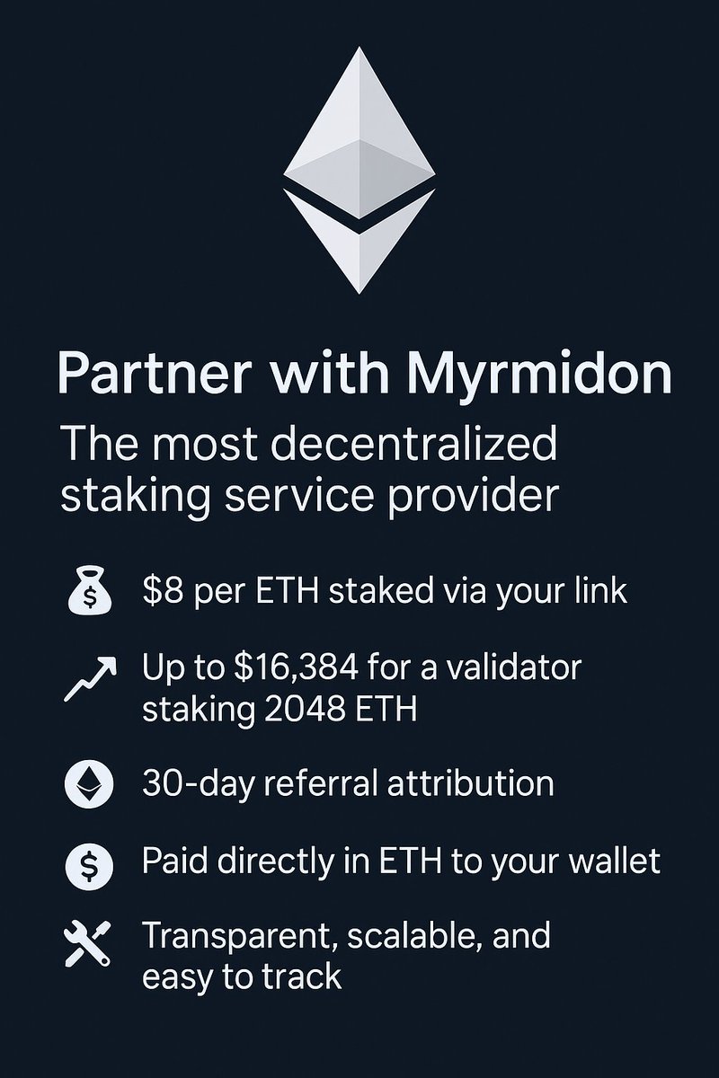 Introducing the Myrmidon Staking Affiliate Program

You can now earn Ethereum $ETH by getting people to stake ETH! 

We are proud to announce our non-custodial referral staking system. This is a great way to earn by spreading the word about non-custodial staking by partnering